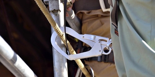 Photo of a Fall Protection Lanyard Hook Attached to a Horizontal Life Line.