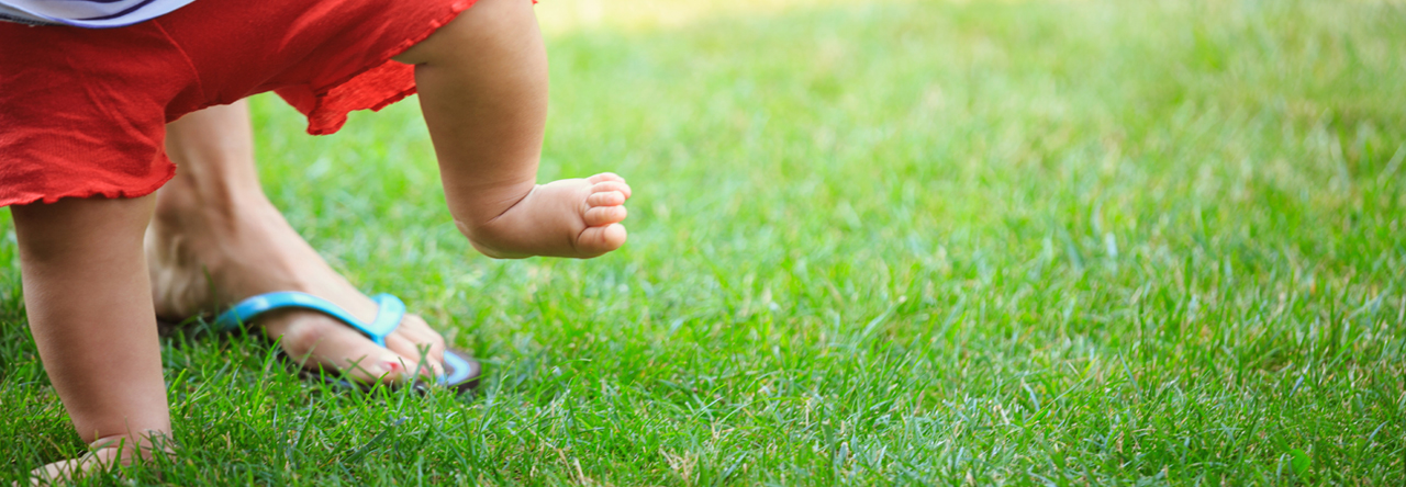 Baby walks with parent on lawn