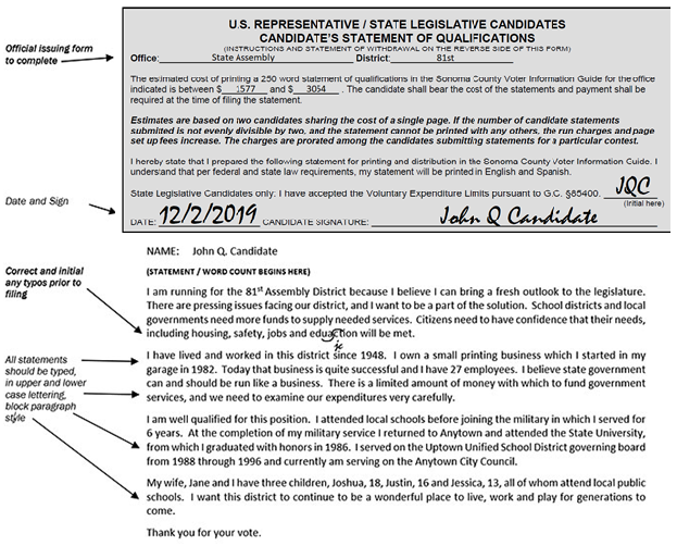 A Visual Example of Candidate Statement of Qualifications for State and Federal Offices as Described Above and Below