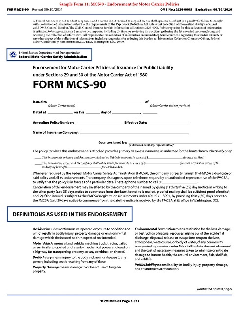 Sample Form 11 MCS90 Endorsement For Motor Carrier Policies Page 1