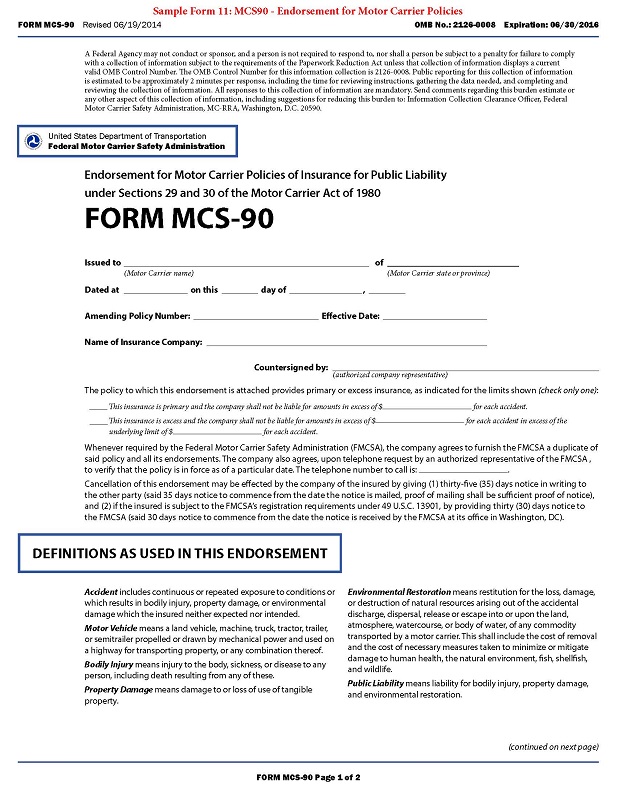 Sample Form 11 MCS90 Endorsement For Motor Carrier Policies Page 1 enlarged