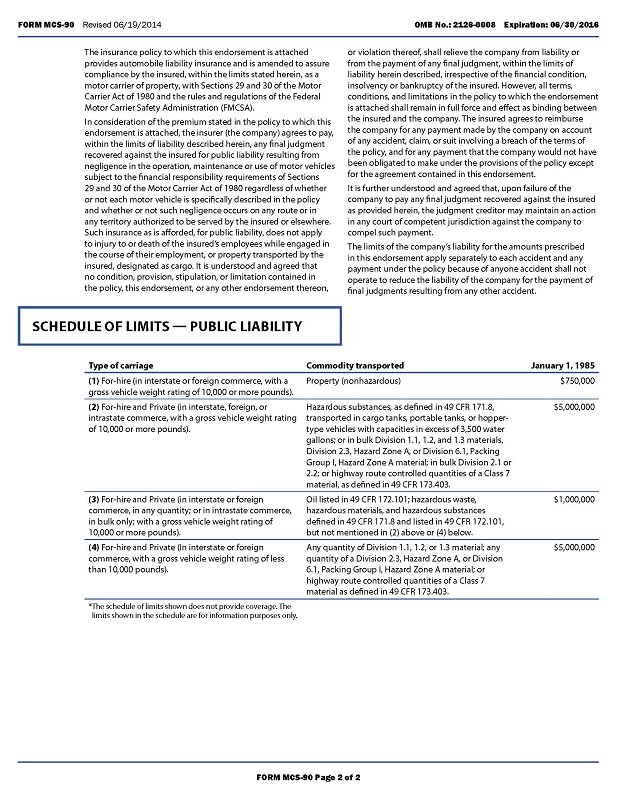 Sample Form 11 MCS90 Endorsement For Motor Carrier Policies Page 2 enlarged