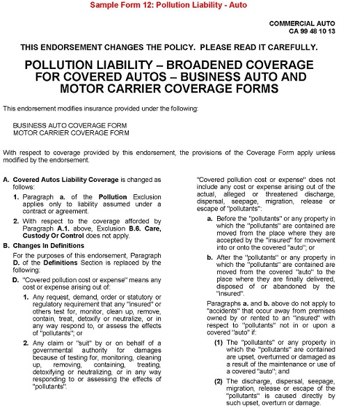 Sample Form 12 Pollution Liability Auto
