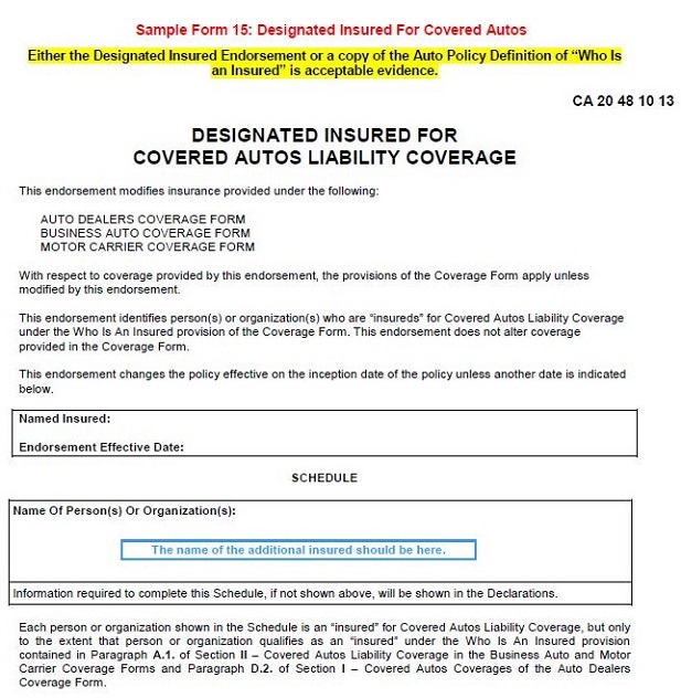 Sample Form 15 Designated Insured For Covered Autos Page 1 Enlarged