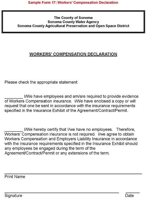 Sample Form 17 Workers Compensation Declaration