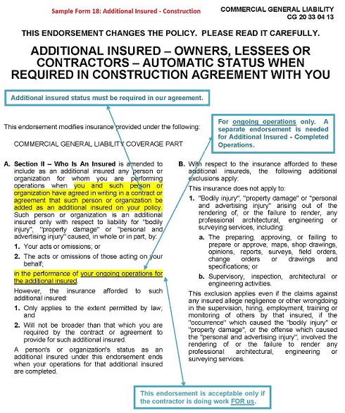 Sample Form 18 Additional Insured Construction Page 1