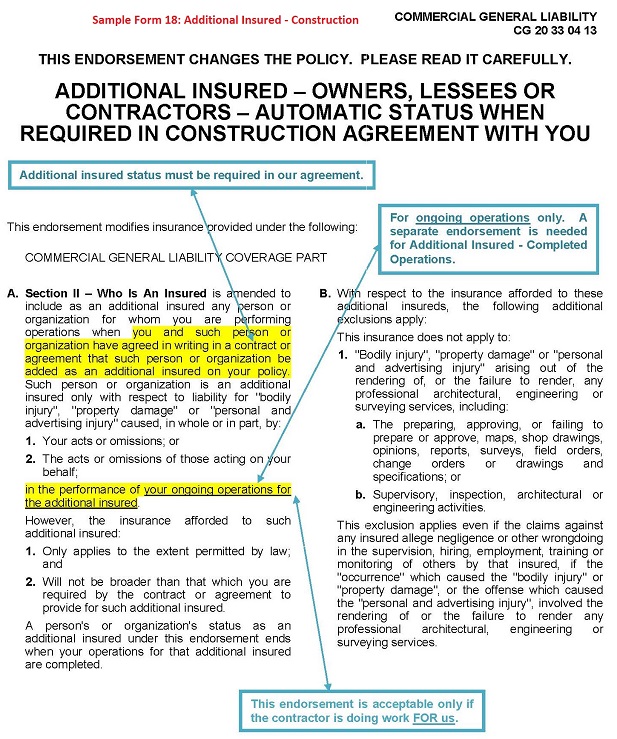 Sample Form 18 Additional Insured Construction Page 1 enlarged