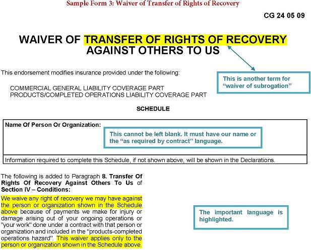 Sample Form 3 - Waiver Of Transfer Of Rights Of Recovery enlarged