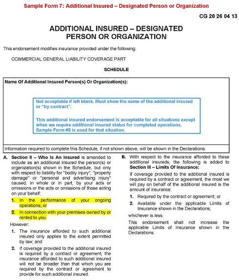 Sample Form 7 - Additional Insured Designated Person Or Organization