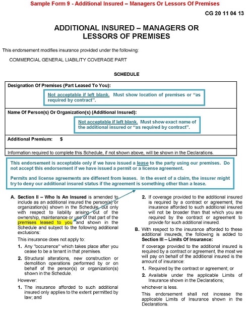 Sample Form 9 - Additional Insured – Managers Or Lessors Of Premises 490