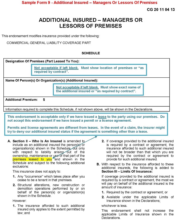 Sample Form 9 - Additional Insured – Managers Or Lessors Of Premises 617