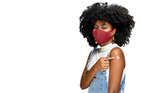 Young woman with mask showing off vaccine bandaid