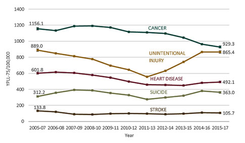 Figure 22. Age-adjusted premature death (YPLL-75) rates by cause of death, three-year moving average, Sonoma County 2015-2017
