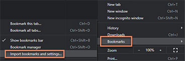 Chrome - Select import bookmarks and settings