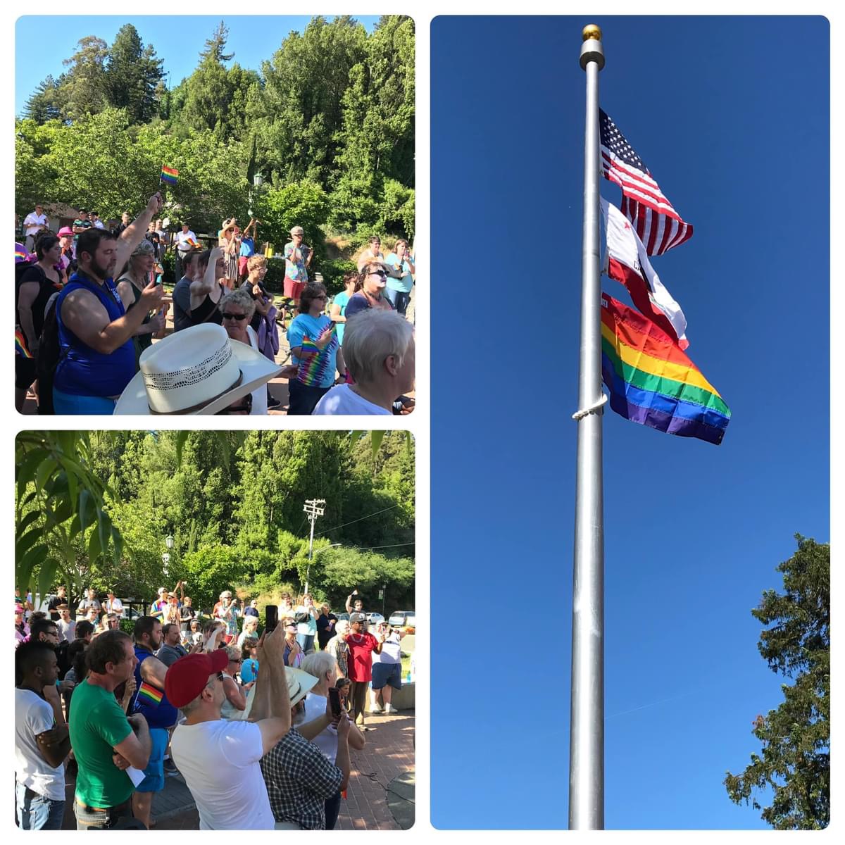 images of crowds celebrating and a flagpole with the American Flag, California Flag, and Pride Flag raised.
