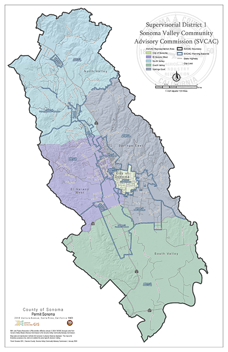 Map shows boundaries for the Sonoma Valley Citizens Advisory Commission, which extends from the Napa county boarder in the East, Oakmont and Hood Mountain to the North, follows the Sonoma Mountains in the West, and ends at San Pablo Bay in the South. The map also designates the various regions for commissioners which are South Valley, City of Sonoma, Springs East, El Verano West, and North Valley. 