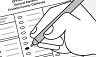Small drawn icon of hand using pen to mark ballot