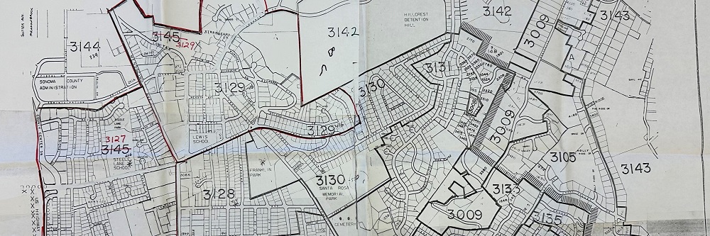 A picture of a portion of an old paper map (maybe early 2000s?) showing precincts in the City of Santa Rosa