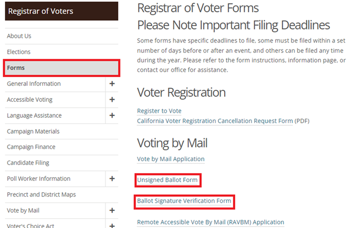 Screenshot of Registrar of Voter Forms page