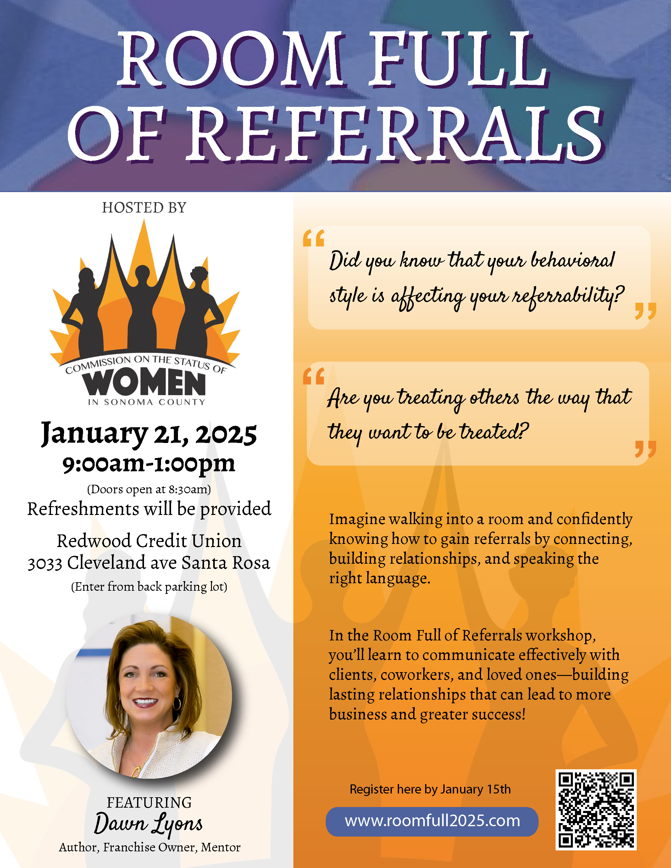 CSW Room Full of Referrals Event on January 21, 2025 at 9am-1pm at Redwood Credit Union on 3033 Cleveland Ave, Santa Rosa