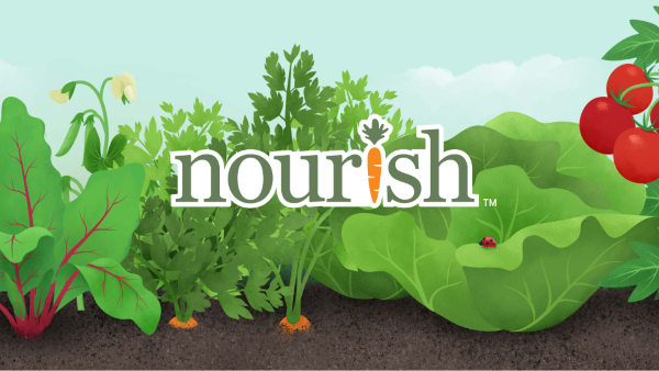 Nourish embedded on an illustration of a garden bed