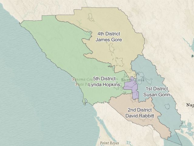 A map of the five supervisory districts of Sonoma County